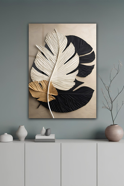 kutuTR Gold Ve Siyah Yaprak Desenli Temperli Cam Tablo 50x70 Cm 2D UV Baskı -...