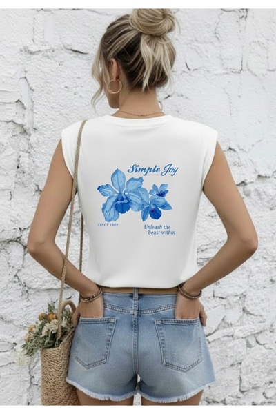 FUFLUNS تي شيرت نسائي بدون أكمام مطبوع من الأمام من SIMPLE JOY