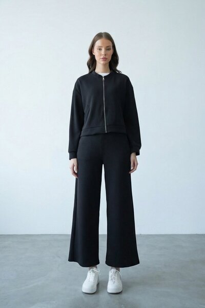 VAGGON Zippered Cardigan Pants Set