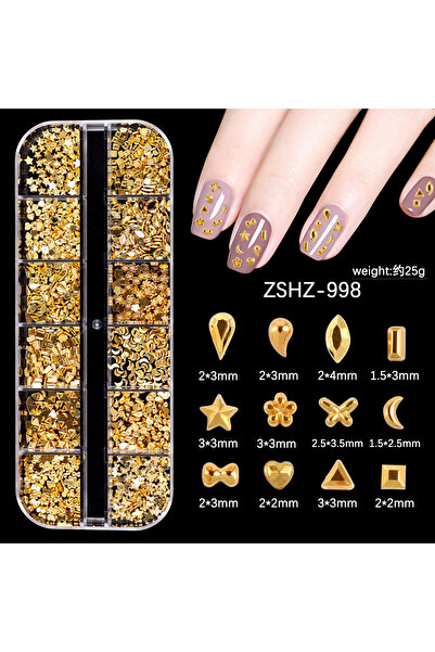Venalisa Gold Renk Kalp Yıldız Üçgen Kare Figürler Tırnak Süsleme Nail Art Charm