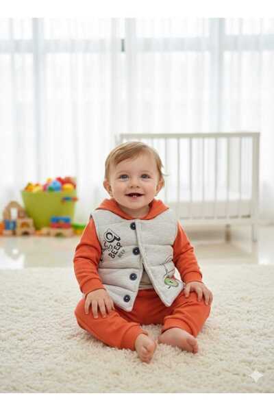 ALYAKİDS Baby Boy Yellow Hooded Vest Set 3-Piece Set - Cotton Beep Printed To...