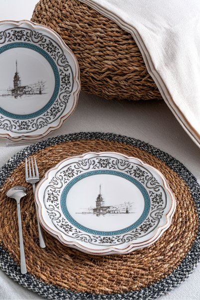 RUBİ PORSELEN Maiden's Tower Patterned Porcelain Cake & Dessert Plate Set |   Istanbul Motif 6-Person 6-Piece Set 21 cm