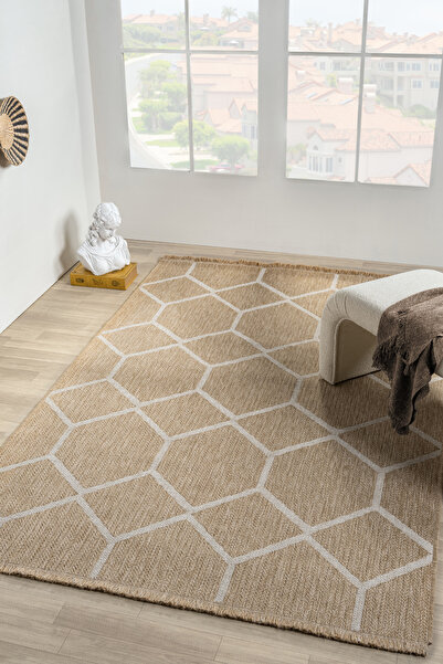 Colore Home İndia Jüt Bej Doğal Görünüm Rustik Halı Örme Kilim Kesme Hasır Halı