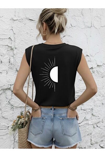 FUFLUNS Tricou de damă supradimensionat, fără mâneci, cu imprimeu solar pe spate