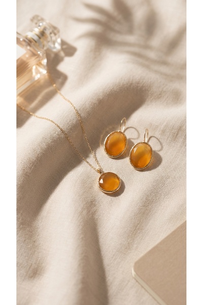 SR Jewelry Box Amber Bal Rengi Yuvarlak Doğal Taş Kolye ve Küpe Seti - El İşç...