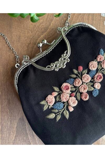 shaması El Yapımı Vintage Nakışlı Gabardin Çanta – Siyah