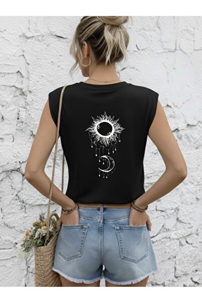 FUFLUNS تي شيرت نسائي بدون أكمام مطبوع عليه الشمس والقمر