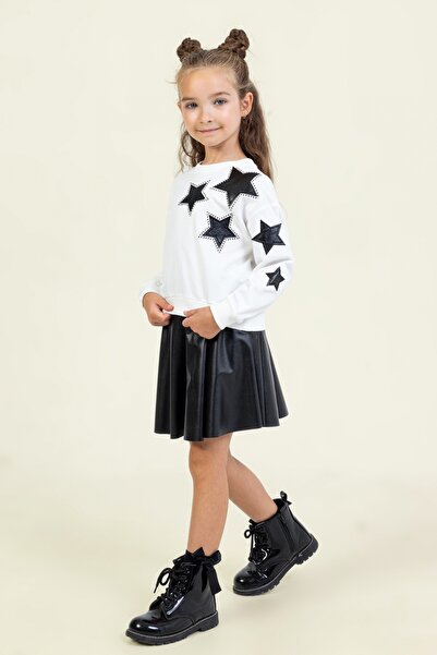 DMB KİDS Star Patterned Girl's Leather Skirt Top and Bottom Set