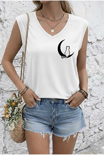 FUFLUNS تي شيرت نسائي بدون أكمام مطبوع عليه AY CAT