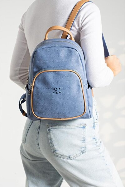 Çanta Trend Polo of Colors Blue Camel Embossed Print Women's Backpack 27X32 Size