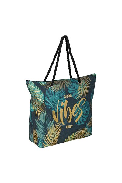 OEM Πράσινη Τσάντα θαλάσσης Good Vibes με με τύπωμα 42x15x43εκ.