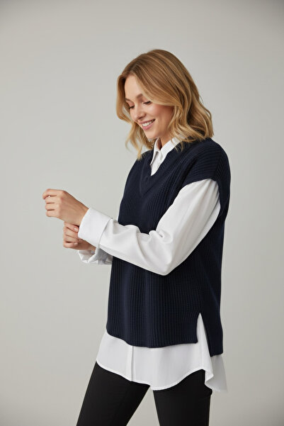 mahira collection Women's Navy Blue Shirted Knitwear Sweater