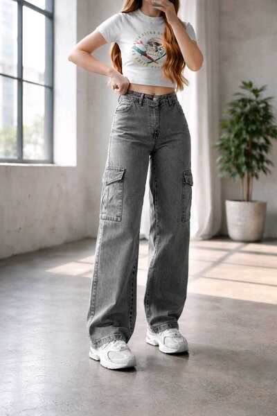 NWC Clara Likralı Kadın Koyu Kargo Yıkama Süper Yüksek Bel Salaş Paça Denim S...