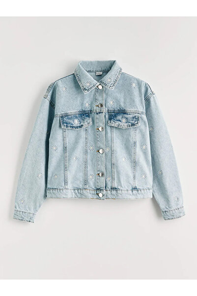 LC Waikiki LCW Kids Mavi Çiçek Nakışlı Kız Çocuk Jean Ceket