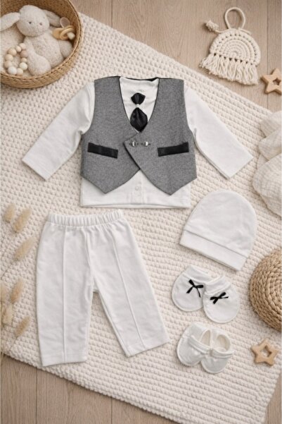 Pure Boutique Set bebelus elegant botez 6 piese bumbac vesta papion pantaloni...