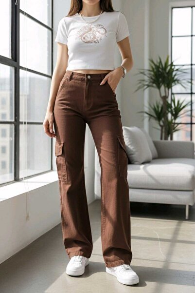 Trn JNS Clara material elastic Blugi de damă Dark Cargo Wash Super talie înal...