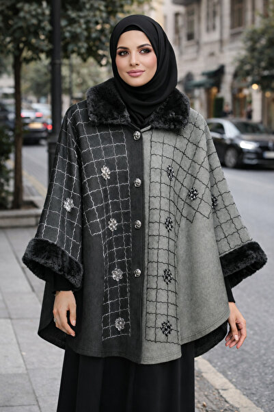 Uludağ Triko Kadın Çift Renk Panço Kaban | Kürk Yakalı Çelik Örme İşlemeli Kı...