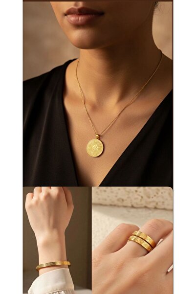 Miyoste Gold Renk Ayetel Kürsi Yuvarlak Kolye Bileklik Yüzük Seti
