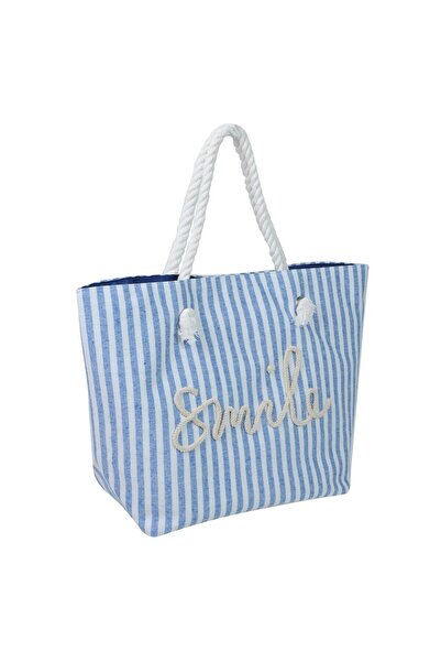 OEM Geanta de Paie Alba cu Dungi Ciel Smile pentru Plaja 57x34x42cm