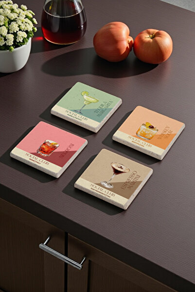 Baumatelier Drink Temalı İçecekler Doğal Taş Traverten Bardak Altlığı Stone C...