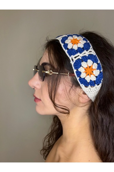 Ra Design store Candlelight Colored Striped Hand-Knitted Bandana with Orange and Navy Motifs