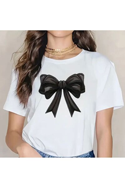 Oceanwear Black Bow Printed Crew Neck Short Sleeve Women's Plain White Tshirt