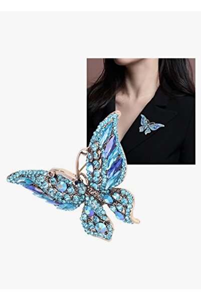 zeynep Turkuaz Zirkon Taşlı Tasarım Kelebek Broş Rozet