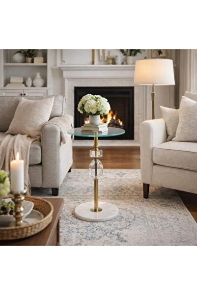 Generic Golden Service Table with Glass Top and Marble Base