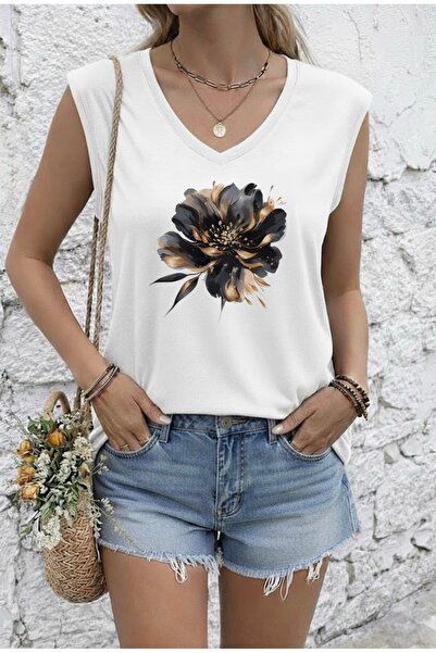 FUFLUNS TRICOU FĂRĂ MÂNECI OVERSIZE PENTRU FEMEI CU IMPRIMEU FLORI NEGRE