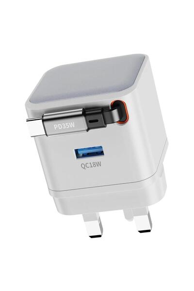 Tradeo 35W Dual Port GaN Charger with Retractable USB-C Cable & USB-A Fast Ch...