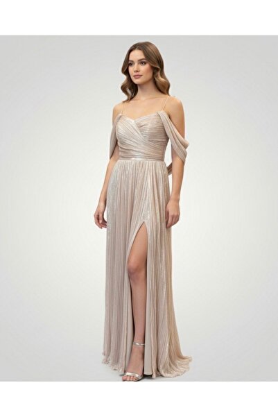 DEV LINE Pale Gold Dress, Thin Straps, Dropped Shoulders, Pleated