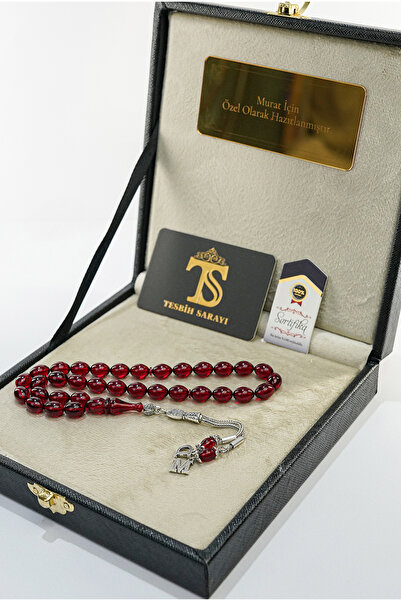 TESBİHSARAYI Ateş Kehribar Tesbih – Kişiye Özel Kare Kutu – Harfli Çift Püskü...