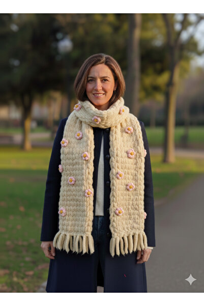 Vanya çiçekli el örgüsü puffy atkı