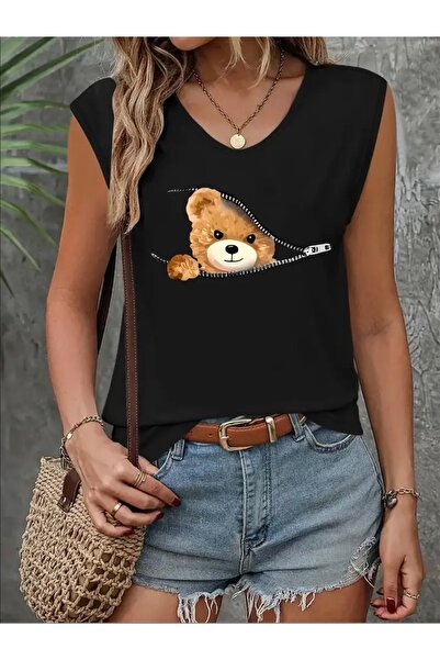 FUFLUNS تي شيرت نسائي بدون أكمام مطبوع عليه دب بسحّاب