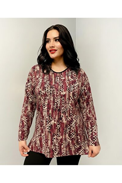 THEBEK Yumoş Velvet Suede Patterned Oversized Blouse Red Pattern