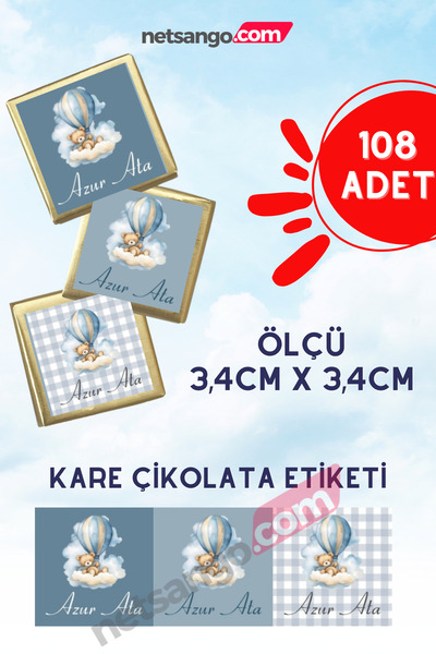 Netsan Etiket Bulut Ayıcık Mavi 108 Adet 3,4cm Kare İsme Özel Çikolata Etiket...