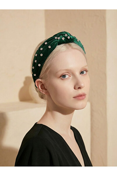 MegssStore Zümrüt Yeşili Zirkon Taşlı Kadife Düğümlü Taç