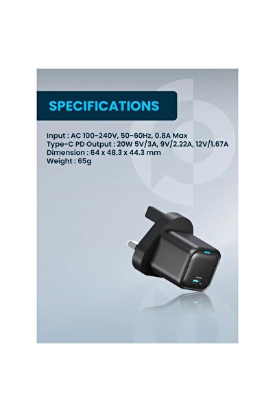 Tradeo شاحن GaN فائق الصغر بقدرة 20 واط مع شحن سريع USB-C وقابس ثلاثي الأطراف...