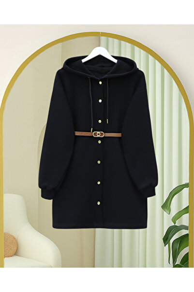 Modamorfo Hooded Sweat Cap with Snap Front and Belted Waist - Black