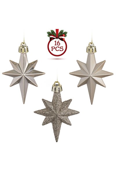 OEM Set Ornamente de Craciun Stele Bej Mat Glitter 8cm - 16buc