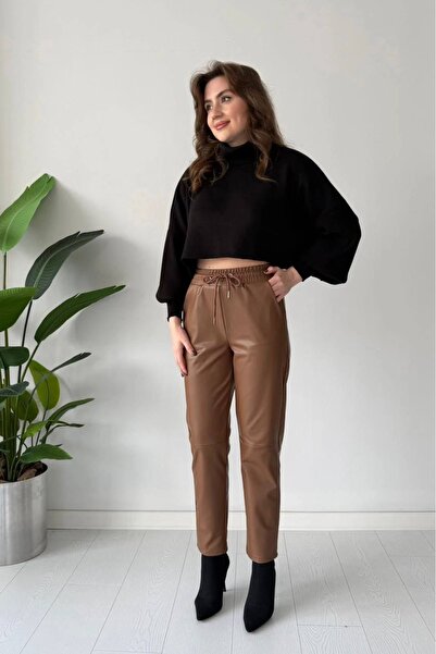 timagna Kadın Deri Pantolon İçi Şardonlu Likralı Mat Deri Bağcıklı Premium Pa...