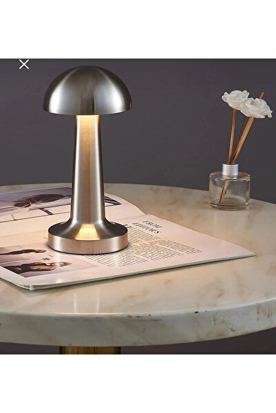 R8SAAT Mantar Masa Lambası Gümüş Renk Kablosuz Ledli 3renk Dokunmatik Şarjlı