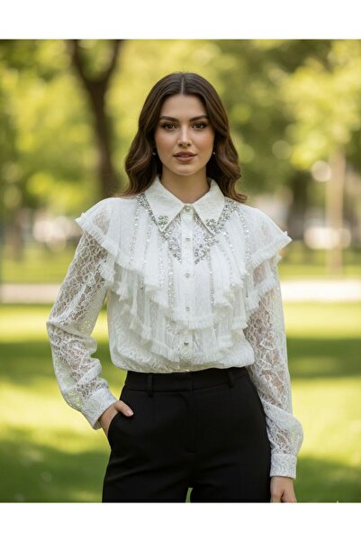 Rabiossa Women's French Lace Shirt with Ruffles and Pearls