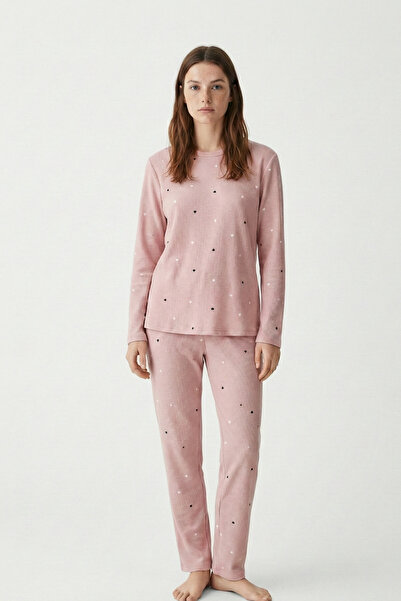 Zekalya Heart Patterned Waffle Fabric Crew Neck Powder Women's Pajama Set