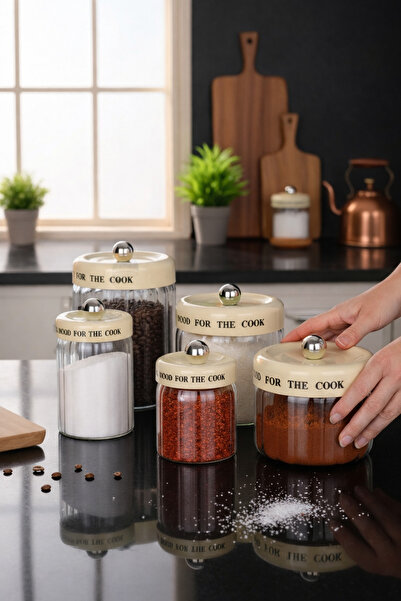 Paşabahçe 5'li Çeyizlik Cam Kavanoz Seti-Vakumlu Çizgili Baharat/Erzak Saklam...