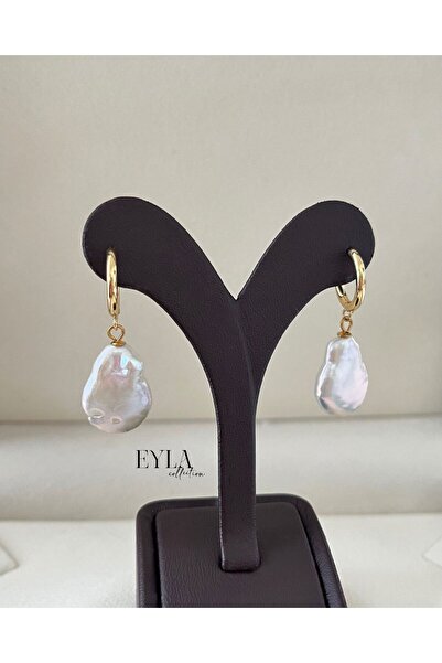 eyla collection Gerçek Barok İnci Uçlu Sallantılı Gold Halka Küpe