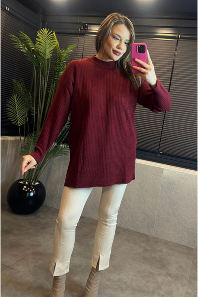 MİR STORE Burgundy Half-Thigh Ribbed Oversize Sweater