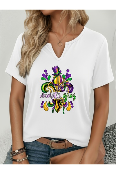 mercoledi Γυναικείο μπλουζάκι Mardi Gras με τύπωμα με μισό μανίκι σε σχήμα V ...