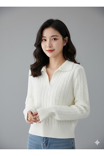 Sublime Butik Kadın Beyaz Gömlek Yaka Triko Selanik Örgü Kısa Kazak Petite