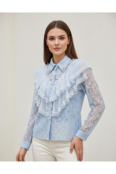 Rabiossa Women's French Lace Shirt with Ruffles and Pearls